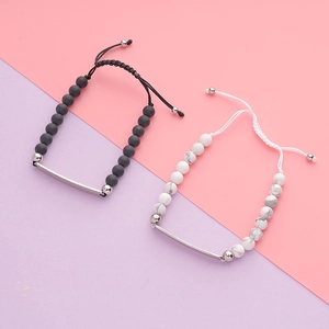 Bracelet En Perles Minimaliste Avec Barre En Acier Inoxydable Agate Mate Turquoise Blanche Corde Tressée Réglable Bijoux