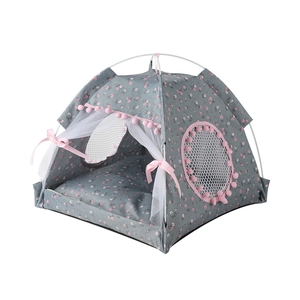 Grey floral foldable pet tent bed with lace curtains and pink pompom details