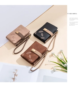 Three-color short wallets in beige, black, and brown with leaf pattern and wrist strap
