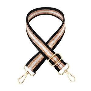 Adjustable nylon bag strap with black, white, and gold metallic stripes and lobster clasps