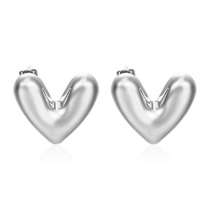 Polished silver stainless steel heart stud earrings for women in 3D hollow design
