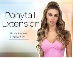 Detailed view of mixed blonde wavy ponytail extension showing texture and volume