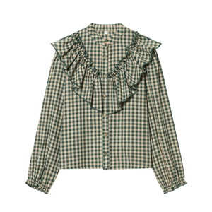 Women's vintage green checkered long sleeve shirt with tiered ruffle trim on front