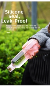 Detail of pink translucent water bottle with time markers and leak-proof seal