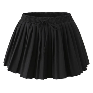 Detail of black pleated mini skirt with adjustable elastic drawstring waistband
