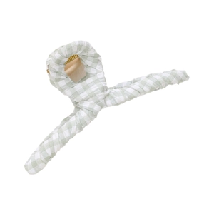 Green and white floral fabric hair claw clip for women on a clean white background