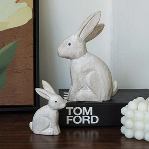 Modern minimalist rustic wood rabbit sculptures set for contemporary home living room decor