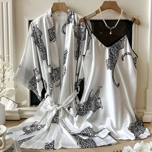 Luxury satin pajama set with leopard print featuring a long robe and matching slip dress