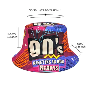 Retro 90s bucket hat with colorful graphic prints and detailed size measurements