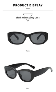 Detailed front and side view of square vintage sunglasses with black frames and gray lenses