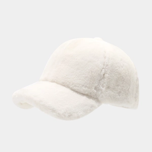 Close-up of soft white faux fur texture on this minimalist winter baseball cap