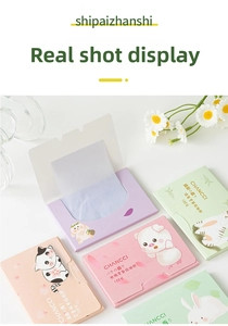 Detail view of portable facial oil blotting paper boxes with various floral scents