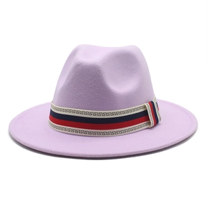 Detail of lavender wool fedora hat with tricolor striped band and greek key pattern
