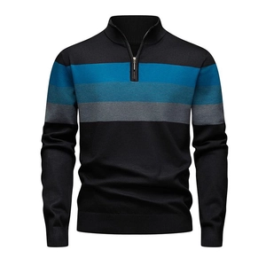 Slim fit men's long sleeve knit sweater with stand collar and striped patchwork design