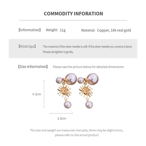 Detail specifications for 18K gold plated sun pearl earrings with dimensions 4.3cm by 1.8cm