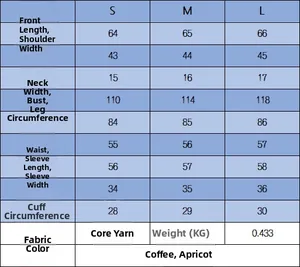 Detailed size chart for V-neck long sleeve knit cardigan showing S, M, and L measurements