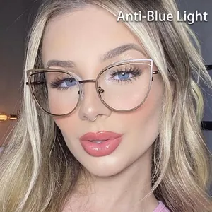 Fashionable gold cat eye metal glasses frame with anti-blue light protection on model