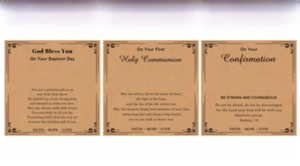 Close-up of vintage kraft paper religious gift cards with Faith Hope Love typography