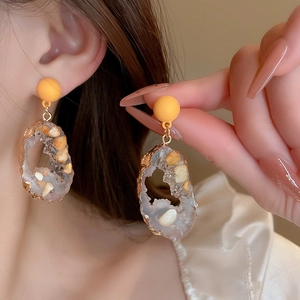 Chic irregular resin earrings with gold edges and orange crystal chips for women