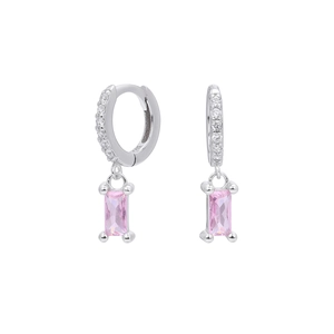 Macro shot of S925 sterling silver hoop earrings with baguette cut pink zircon charms