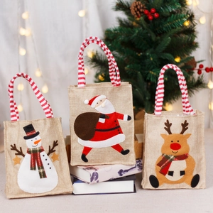 Sacs Cadeaux De Noël En Toile De Jute Avec Poignées Rayées Motifs Père Noël Bonhomme De Neige Renne Décoration