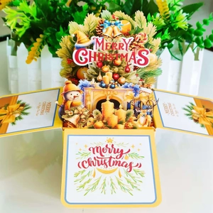 Detailed view of a 3D pop-up Christmas card box featuring a cozy snowman and fireplace scene
