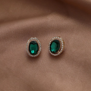 Boucles D'oreilles Puces Ovales Vintage Strass Vert Émeraude Avec Tige En Argent Sterling 925 Style Français Femmes