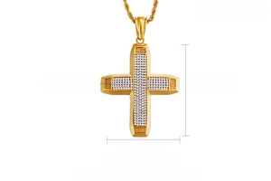 Detailed dimensions of 18K gold plated hip hop cross pendant with white zircon inlays