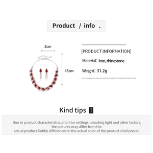 Detailed view of red teardrop rhinestone necklace and earrings set with dimensions
