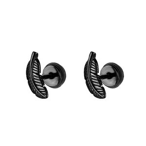 Punk style 316L black feather stud earrings with polished metal finish on white background