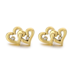 18K gold plated interlocking heart earrings with sparkling crystals on white background