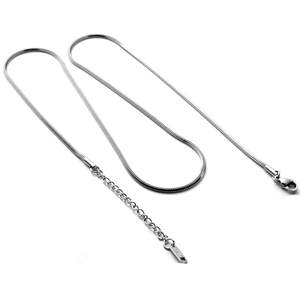 Detail of silver stainless steel snake chain with lobster clasp and adjustable extension