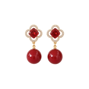 Vintage style gold clover earrings with red square gemstone and large red sphere beads