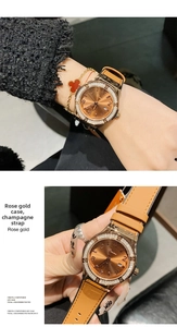 Detailed close-up of quartz watch with rose gold case, rhinestone bezel and silicone strap