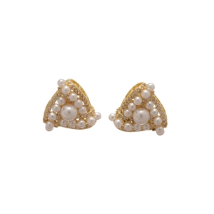 Golden triangle pearl earrings with sparkling zircon stones in a symmetrical view