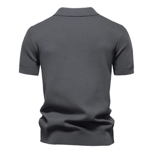 Men's grey honeycomb textured short sleeve polo shirt with classic knit design