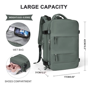 Detail view of large green travel backpack with wet bag and shoe compartment dimensions