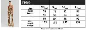 Size chart for sequin halter jumpsuit with detailed XS to L measurements and model visual
