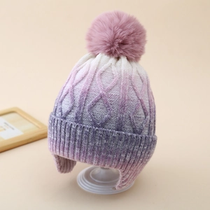 Winter tie-dye gradient knit hat with ear flaps and a faux fur pom for children