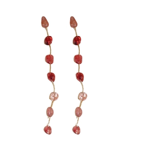 Elegant strawberry crystal tassel drop earrings with long beads and gold accents