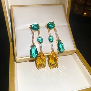 Boucles D'Oreilles Pendantes Longues Avec Tige En Argent Vert Émeraude Jaune Zircon Forme Poire Luxe Chic Vintage