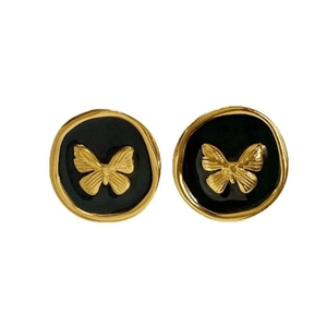 Vintage French enamel round butterfly stud earrings in gold and black metal finish