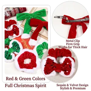 Christmas velvet hair scrunchies and bow clips set with white faux fur and sequins