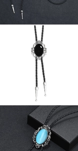 Detail of vintage bolo tie with oval gemstone pendant and braided leather rope textures