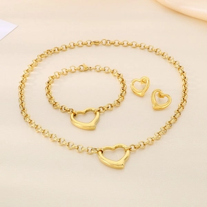 Three-piece stainless steel jewelry set with hollow heart pendants in golden finish