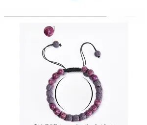 Detail of 8mm lava stone and purple emperor stone beads with adjustable woven cord