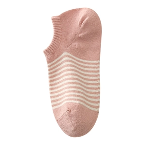 Pink and white striped cotton boat socks with ribbed cuffs for women in cream style
