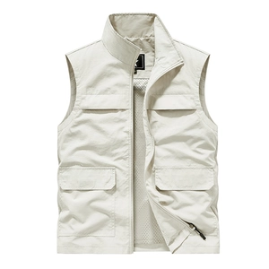 Men's outdoor utility vest with standing collar, multiple pockets and breathable mesh lining