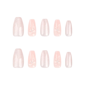Sweet pink 3D bow press-on nails in short ballerina shape
