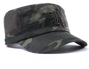 Side view of woodland camouflage cadet cap with breathable mesh and letter B embroidery